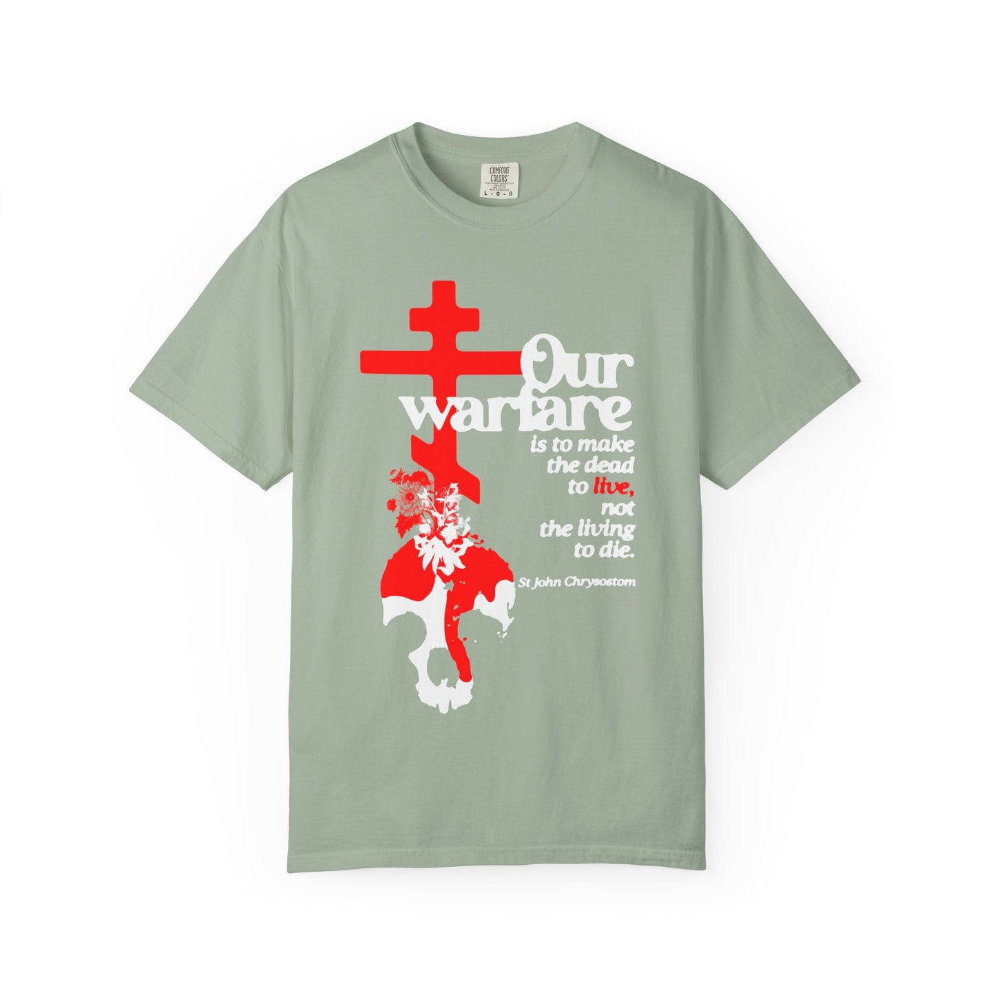 Bay heavyweight cotton unisex tee featuring an Orthodox cross, white text, a graphic of a warrior on horseback with flowers and a skull—drawing inspiration from St. John Chrysostom's message of Christian power and priesthood authority.