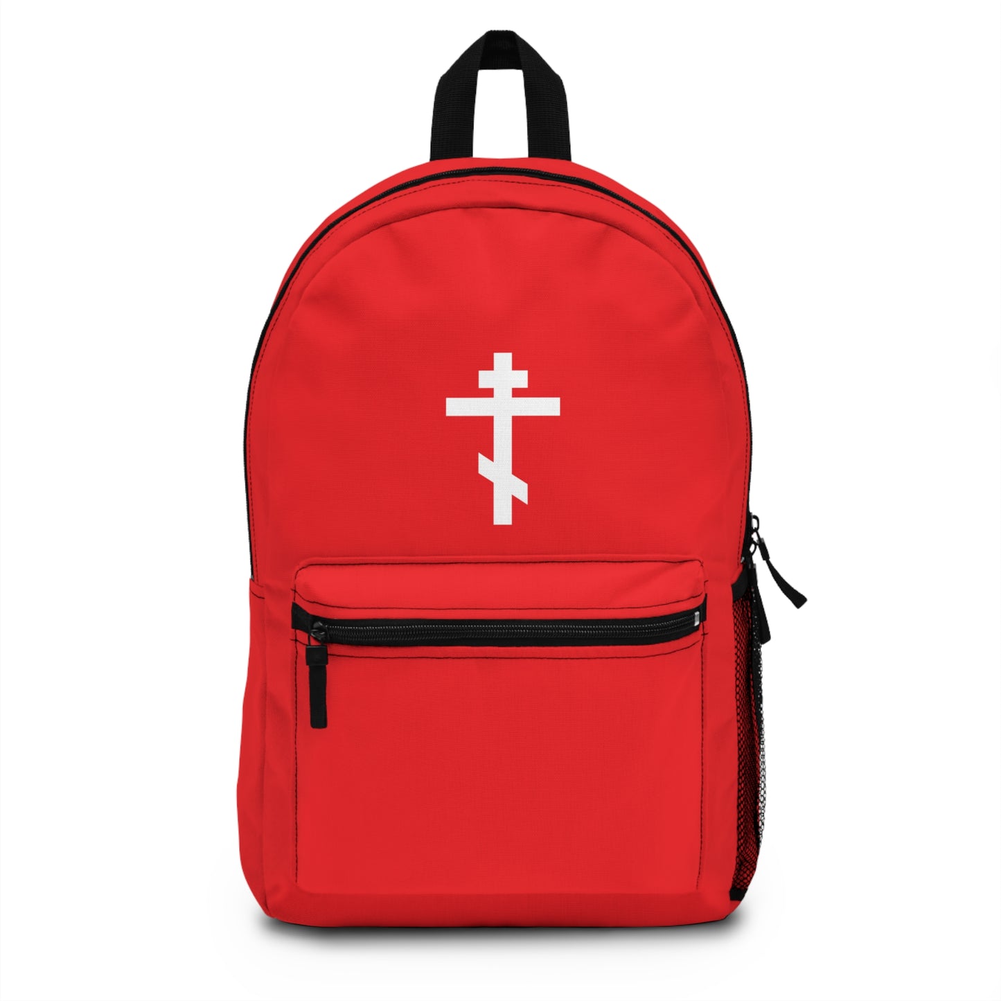 Red backpack featuring a white Orthodox cross and Galatians 6:14: "May I never boast, except in the cross of our Lord Jesus Christ." Perfect for expressing your Orthodox Christian faith.