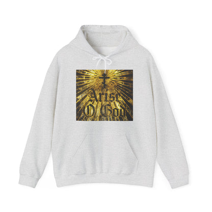 Ash hoodie featuring “Arise O God” in textured gothic font with an Orthodox cross and golden rays, inspired by Psalm 81 (82 LXX) and the Divine Council worldview. Orthodox Christian design.