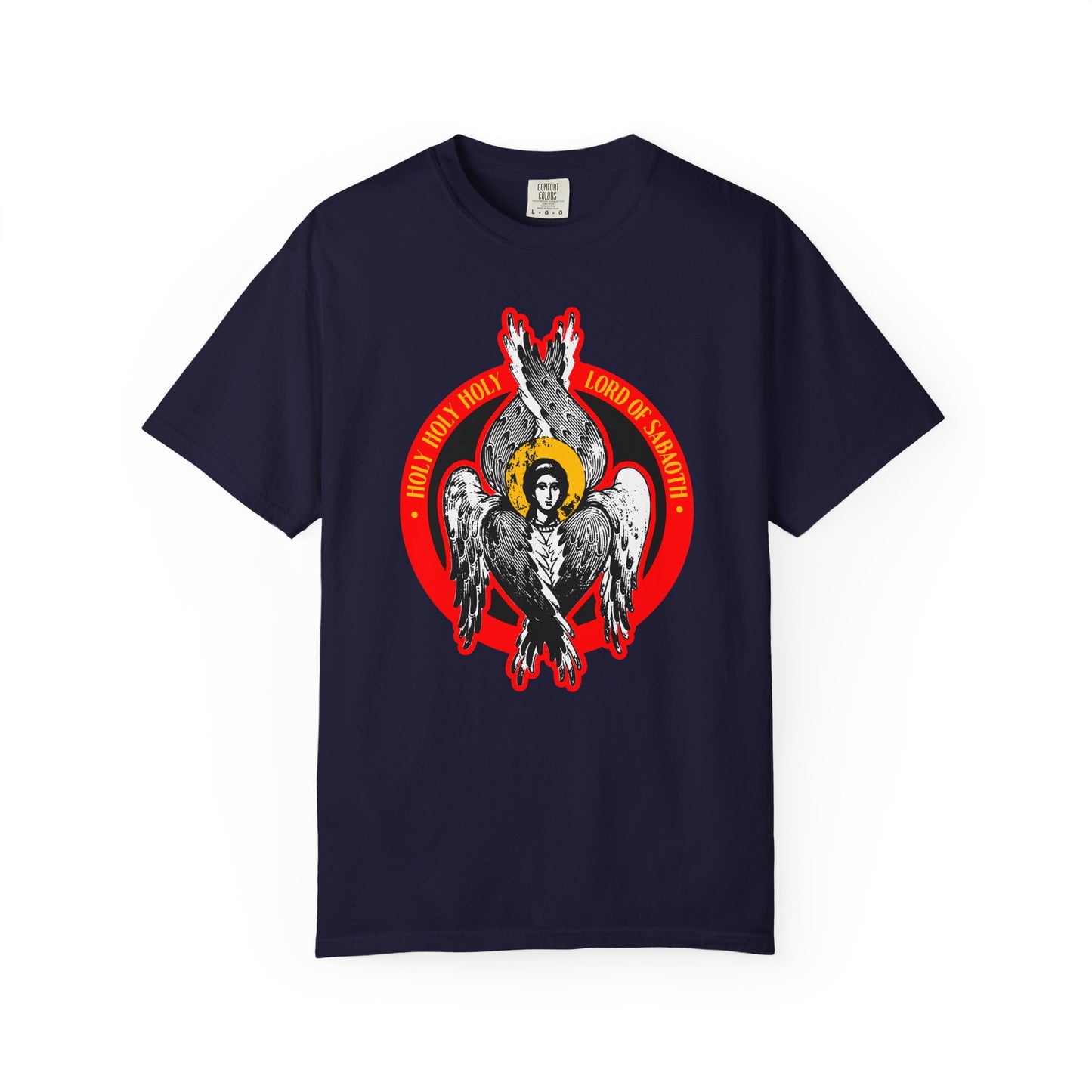 True Navy heavyweight cotton unisex tee featuring a seraphim angel iconographic graphic and "Holy Holy Holy, Lord of Sabaoth" text, inspired by Isaiah 6 and the unseen realm—Lord of Hosts design.