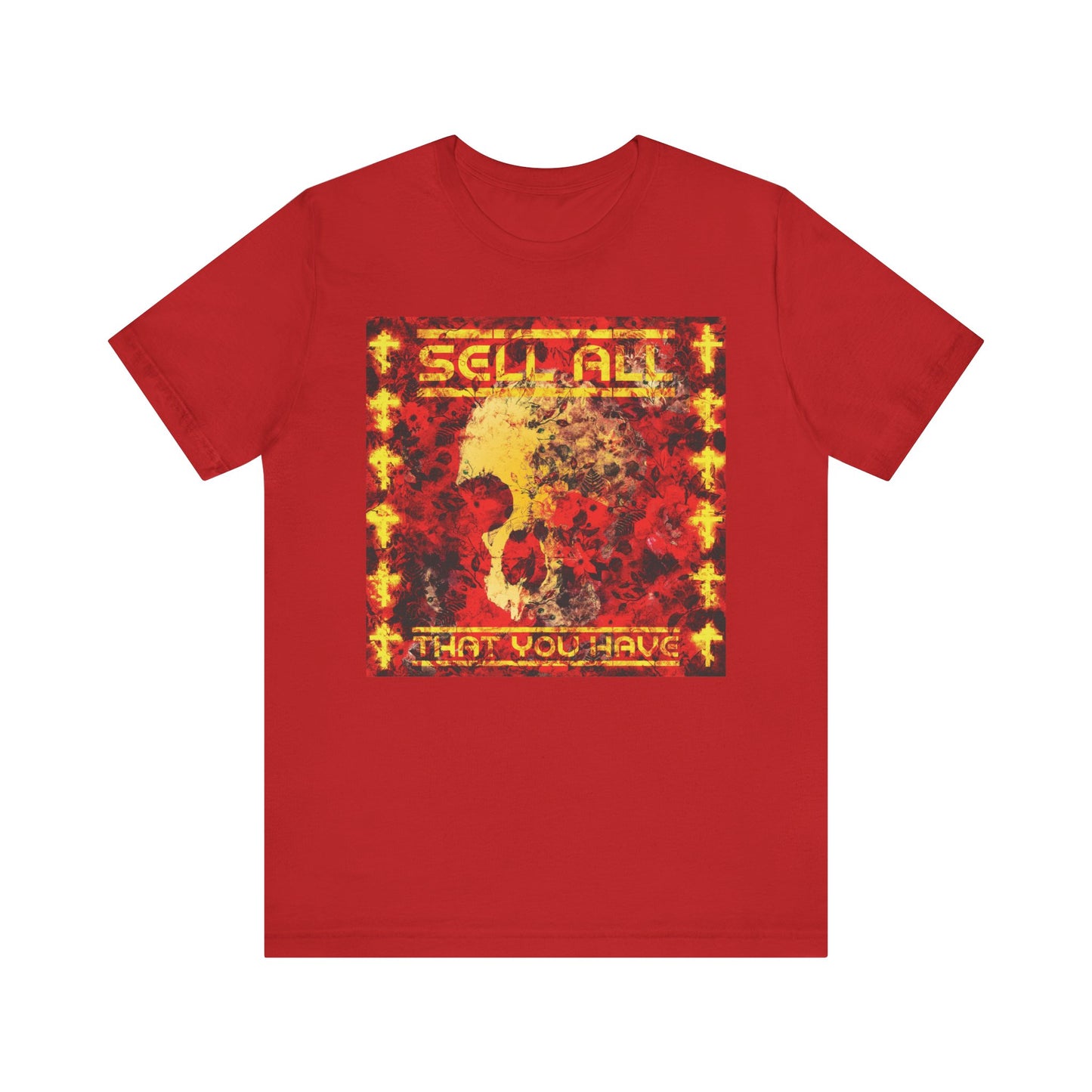 Sell All That You Have No. 1 | Orthodox Christian Lightweight Cotton Unisex Tee in red, featuring a yellow and red graphic with the phrase "SELL ALL THAT YOU HAVE" above an abstract face design, inspired by Jesus Christ’s teachings on eternal life and following the commandments.