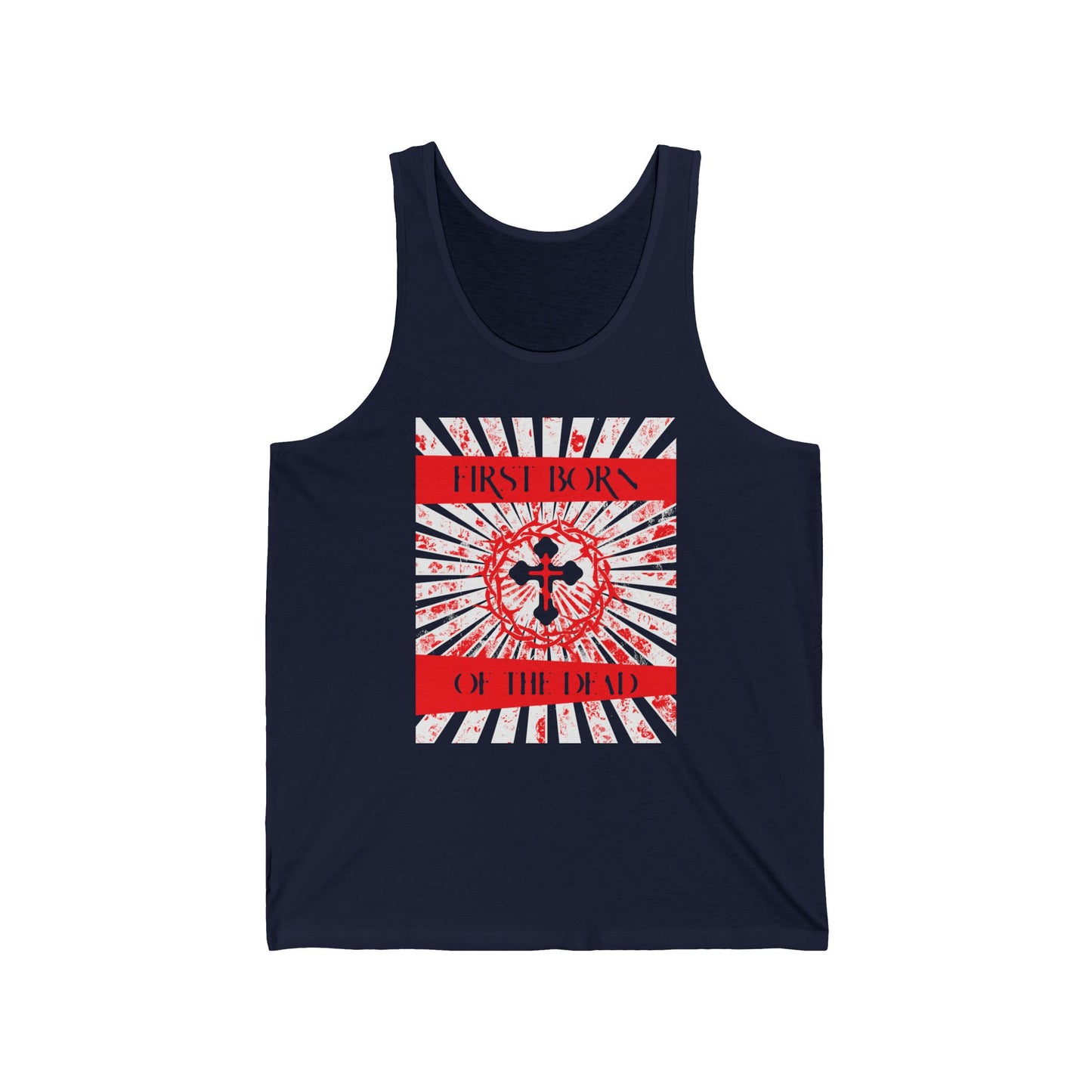 First Born of the Dead | Orthodox Cross and Crown of Thorns | Red White and Black Textured Design with Rays | Orthodox Christian Jersey Tank Top / Sleeveless Shirt