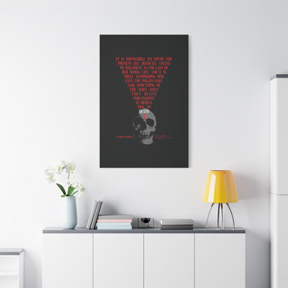 A modern room with a white sideboard, lamp, flowers, books, and "The Present Day As the Last Day of Our Life" Orthodox canvas wall art featuring a skull and red cross reflects St John Climacus’s memento mori meditation.