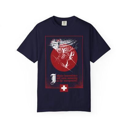 True Navy Infinite Benevolence Will Seem Menacing to the Unrepentant T-shirt with Doré’s Last Judgment, circle, and cross.