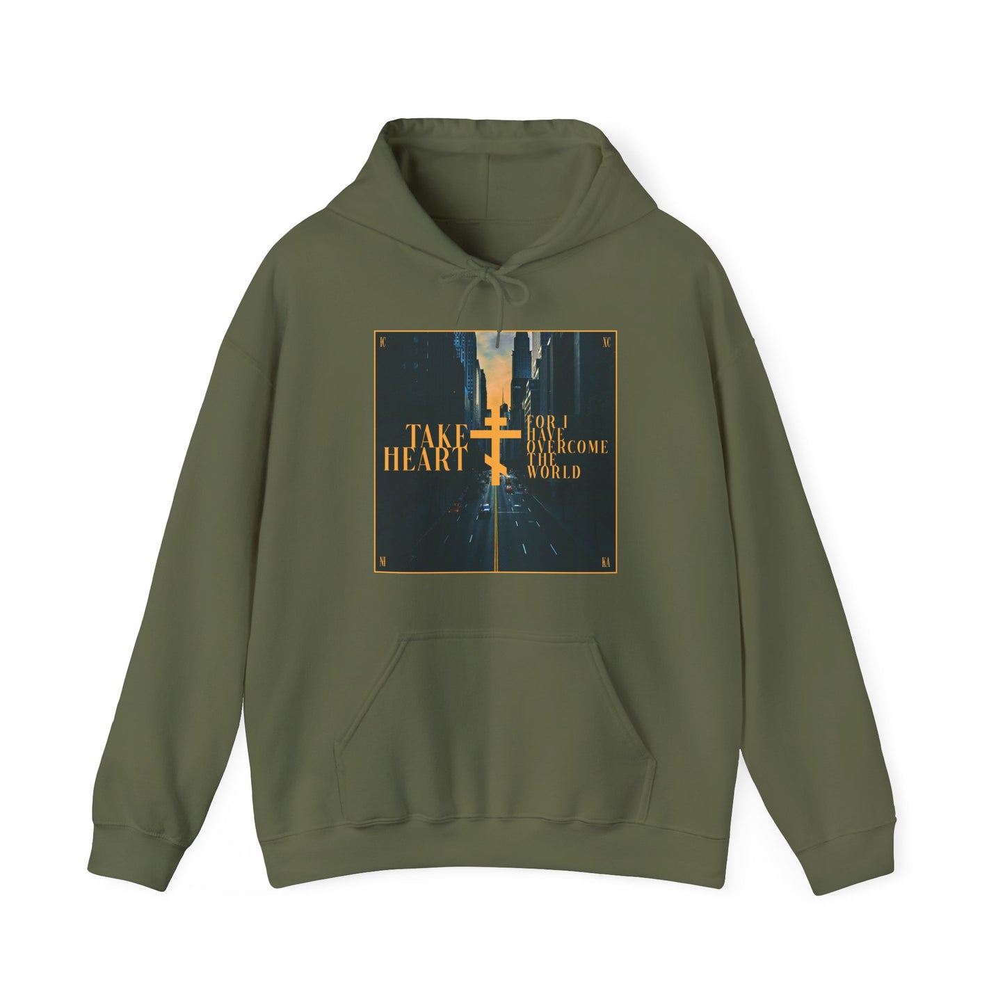 Military green "Take Heart, For I Have Overcome the World (John 16:33)" Orthodox Christian hoodie featuring a redemptive modern city street scene graphic—a reminder to seek strength from the Father in every season.