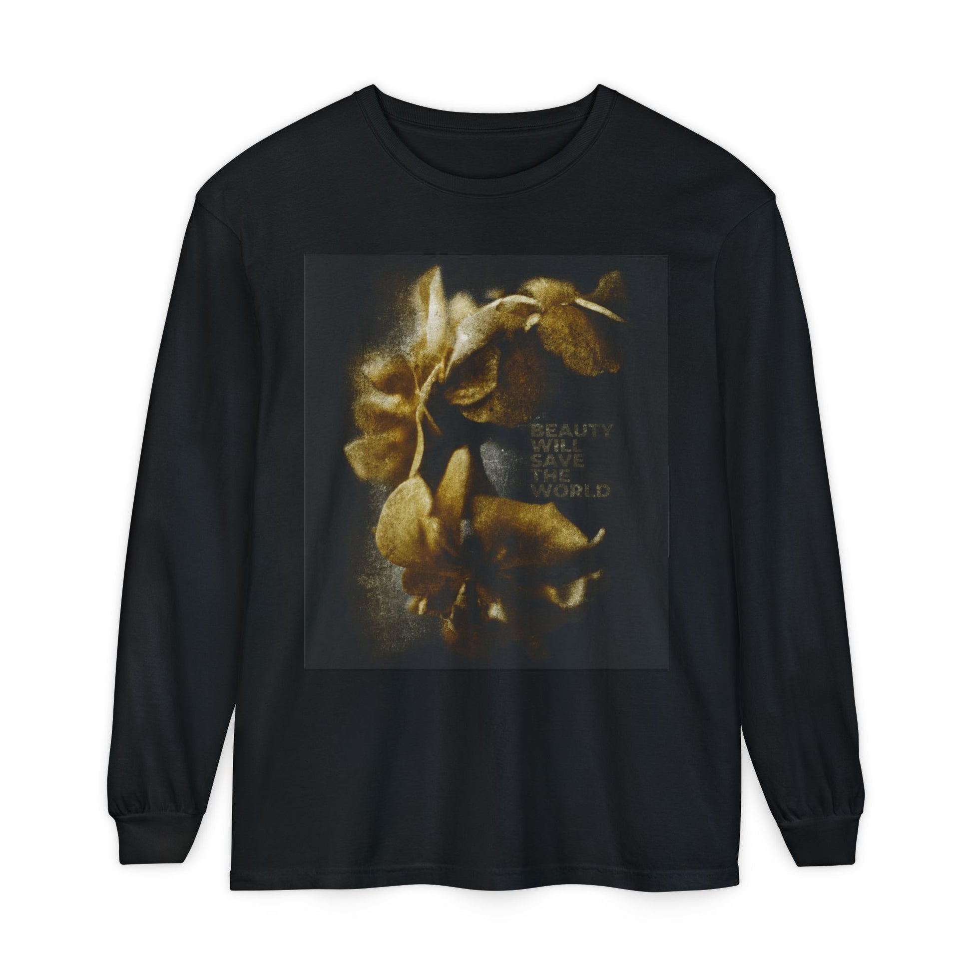 Black long-sleeve "Beauty Will Save the World" Christian shirt features original photography inspired by Dostoevsky, glorifying Jesus Christ as Universal Creator & King.