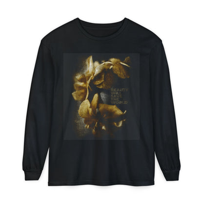 Black long-sleeve "Beauty Will Save the World" Christian shirt features original photography inspired by Dostoevsky, glorifying Jesus Christ as Universal Creator & King.