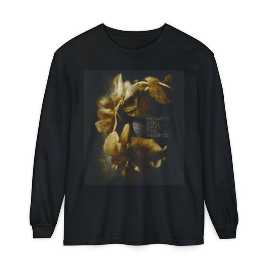 Black long-sleeve "Beauty Will Save the World" Christian shirt features original photography inspired by Dostoevsky, glorifying Jesus Christ as Universal Creator & King.