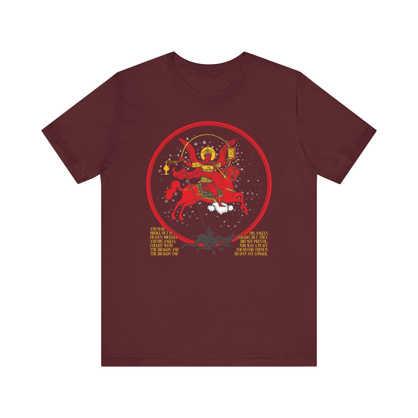 Maroon Archangel Michael of the Apocalypse Iconographic t-shirt featuring a vivid illustration of the epic battle in Revelation 12:7-9; lightweight cotton, double-sided, unisex. Death is Swallowed Up In Victory.