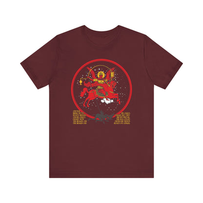 Maroon Archangel Michael of the Apocalypse Iconographic t-shirt featuring a vivid illustration of the epic battle in Revelation 12:7-9; lightweight cotton, double-sided, unisex. Death is Swallowed Up In Victory.