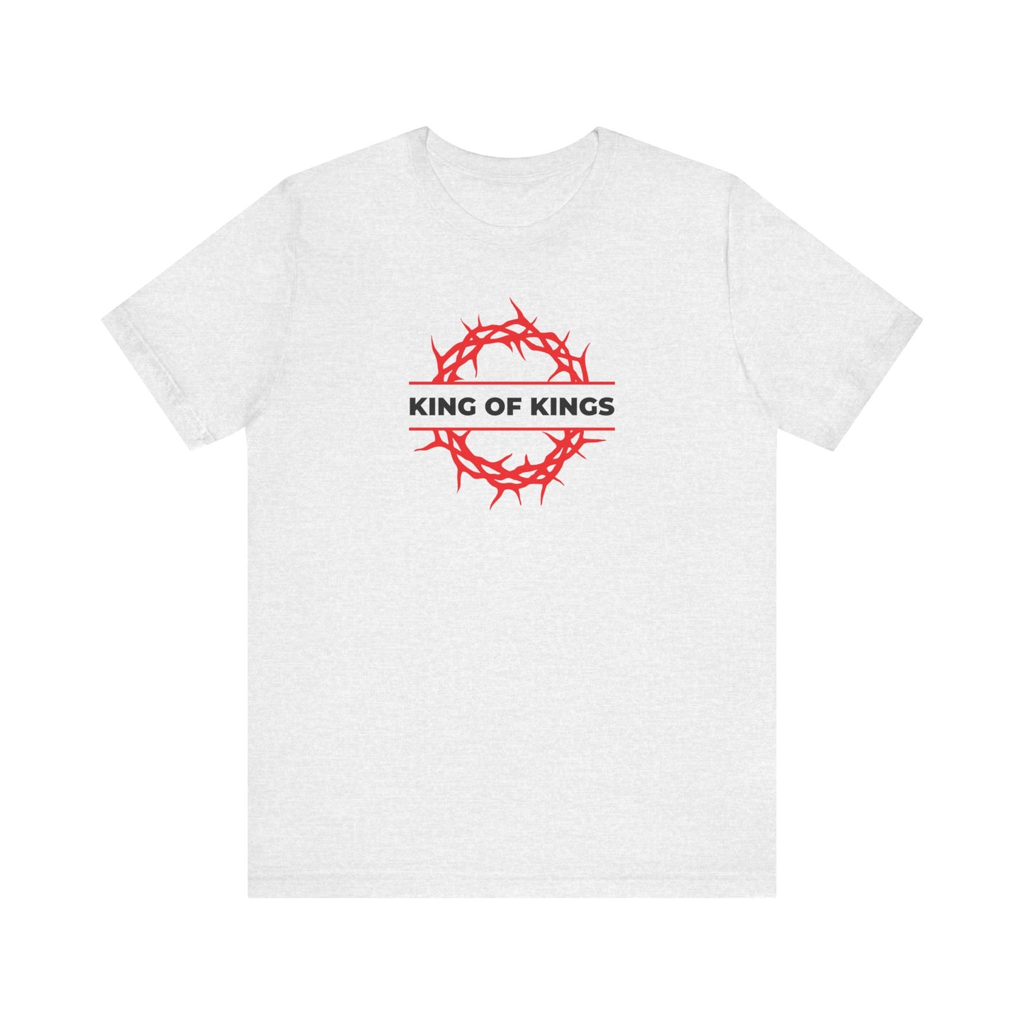 Ash t-shirt featuring a red crown of thorns and "King of Kings" text across the chest, inspired by Revelation 19:16—the King of Glory who is Christ the King—crafted in lightweight cotton.