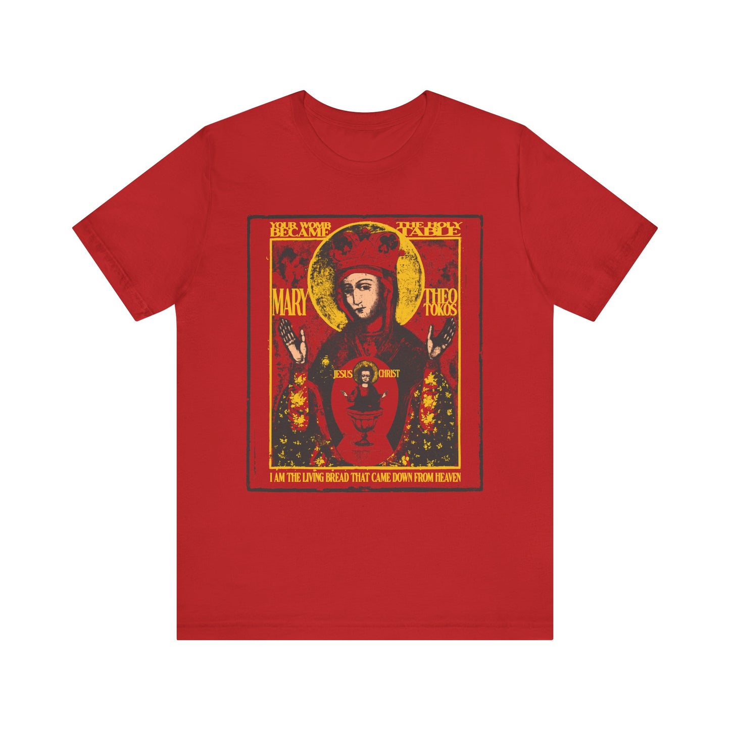 Red lightweight cotton unisex tee featuring the "Mother of God of Nicaea Christ In Chalice" icon, with ornate gold details and the text "Most Holy Theotokos Save Us" elegantly displayed at the bottom.
