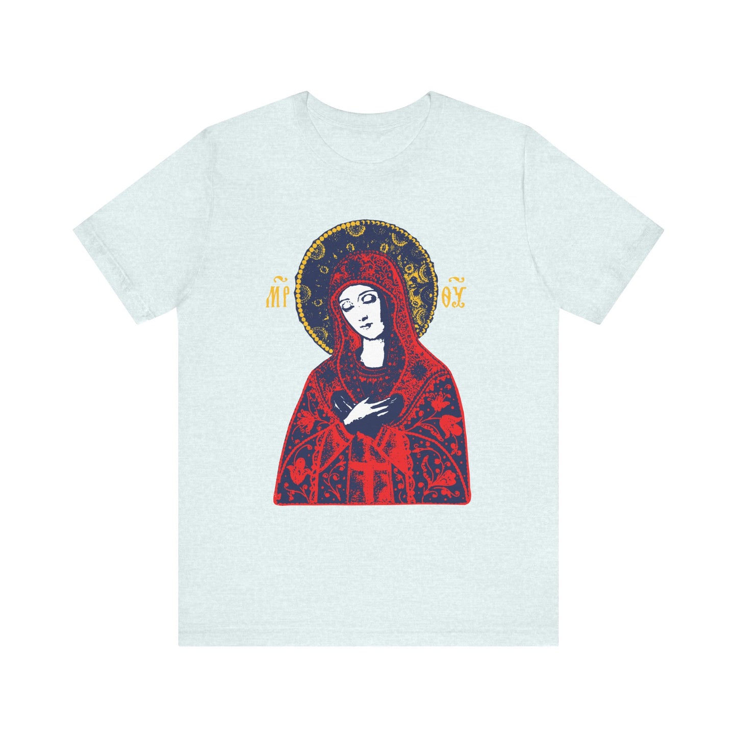 Heather Ice Blue unisex t-shirt featuring a stylized Orthodox Theotokos "Joy of All Joys" with golden halo, inspired by the Tenderness Icon tradition. Lightweight cotton and Christian iconographic design.