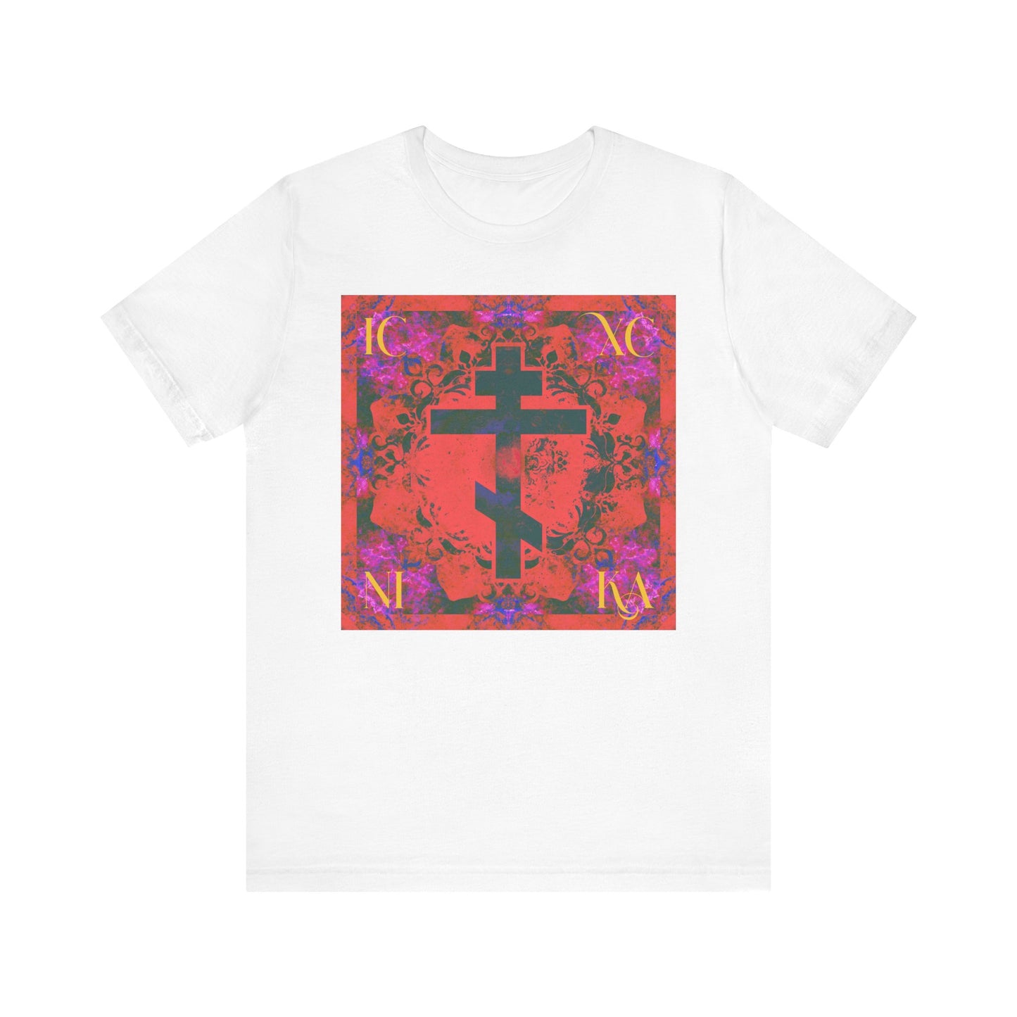 White ICXC NIKA Colorful Orange Magenta Cross Orthodox Christian Lightweight Cotton Unisex Tee featuring a vivid cross reminiscent of traditional Orthodox iconography, intricate floral patterns, and the inscription "IC XC NI KA" in each corner—honoring the spiritual legacy of St. John of Kronstadt.