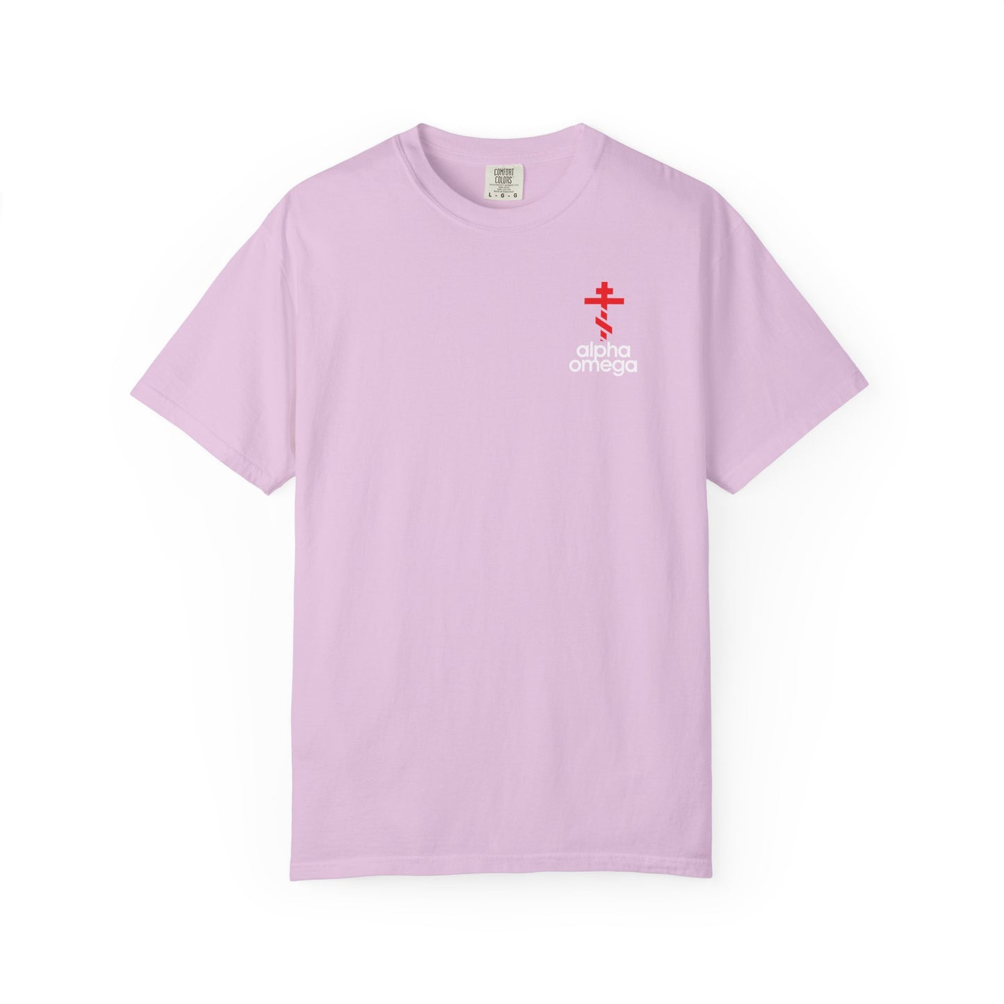 Alpha & Omega Red Orthodox Cross (Small Design) | Minimalist Adidas Inspired Logo Mashup | Christian Heavyweight Cotton Unisex Tee