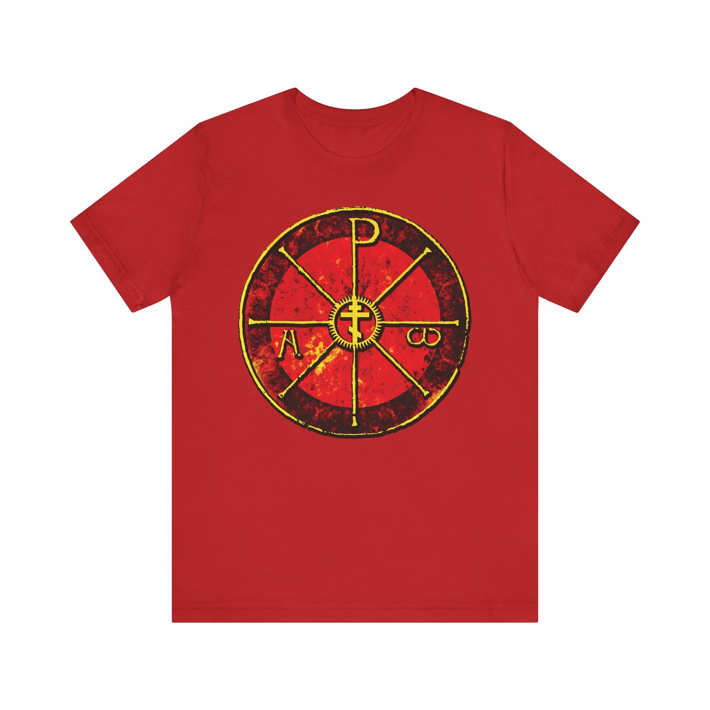 Red "Alpha & Omega Chi Rho Orthodox Cross" T-shirt featuring an ancient Christogram with Greek letters and a cross, inspired by the Cathedral of Milan—a lightweight Christian cotton shirt.