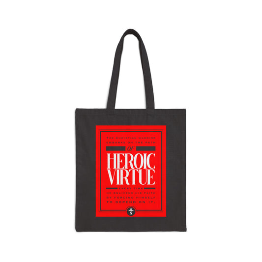 Black tote bag featuring “Christian Warrior | Path of Heroic Virtue | Ascetic Ethos | All Things Through Christ (Phil 4:13)”—inspirational for those seeking faith, strength, and devotion in everyday life.