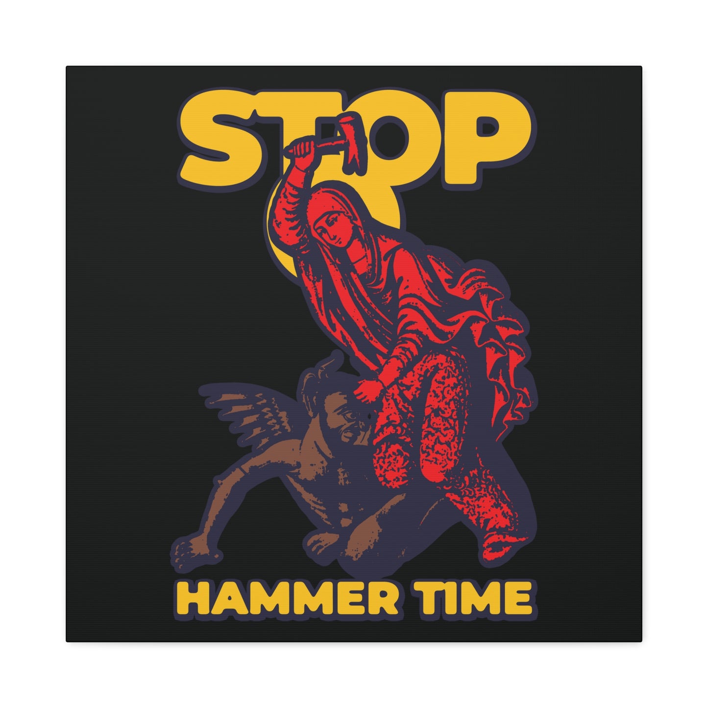 St Marina of Antioch beats the devil with a hammer above the bold yellow text "STOP, HAMMER TIME" in this modern Orthodox meme wall art with red, blue, and yellow tones.
