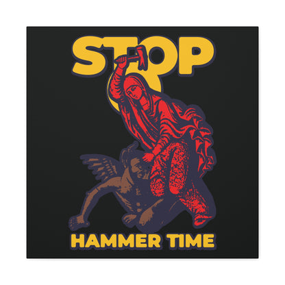 St Marina of Antioch beats the devil with a hammer above the bold yellow text "STOP, HAMMER TIME" in this modern Orthodox meme wall art with red, blue, and yellow tones.