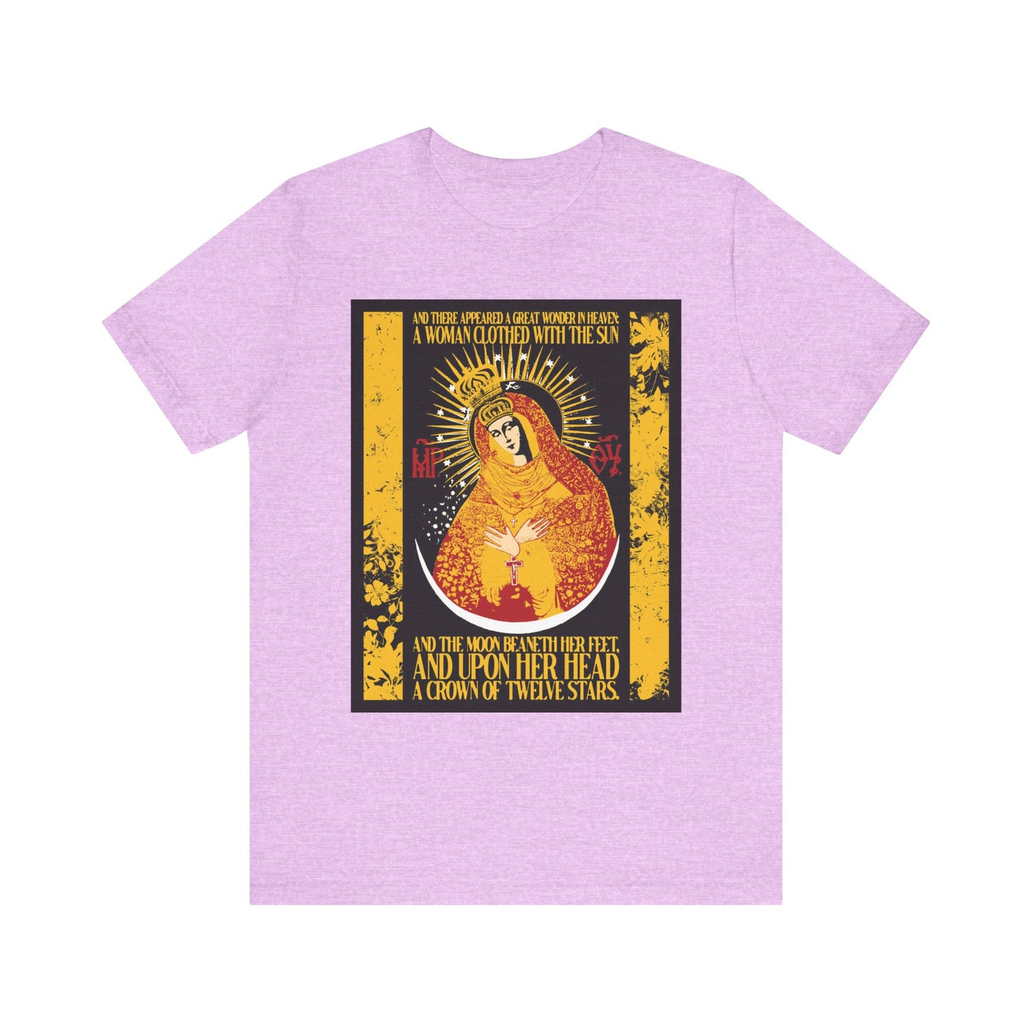 Heather Prism Lilac unisex T-shirt featuring "Our Lady the Gate of Dawn | Woman of the Apocalypse Rev 12:1" in gold floral texture, inspired by the Theotokos. Lightweight cotton design with vivid biblical motif.