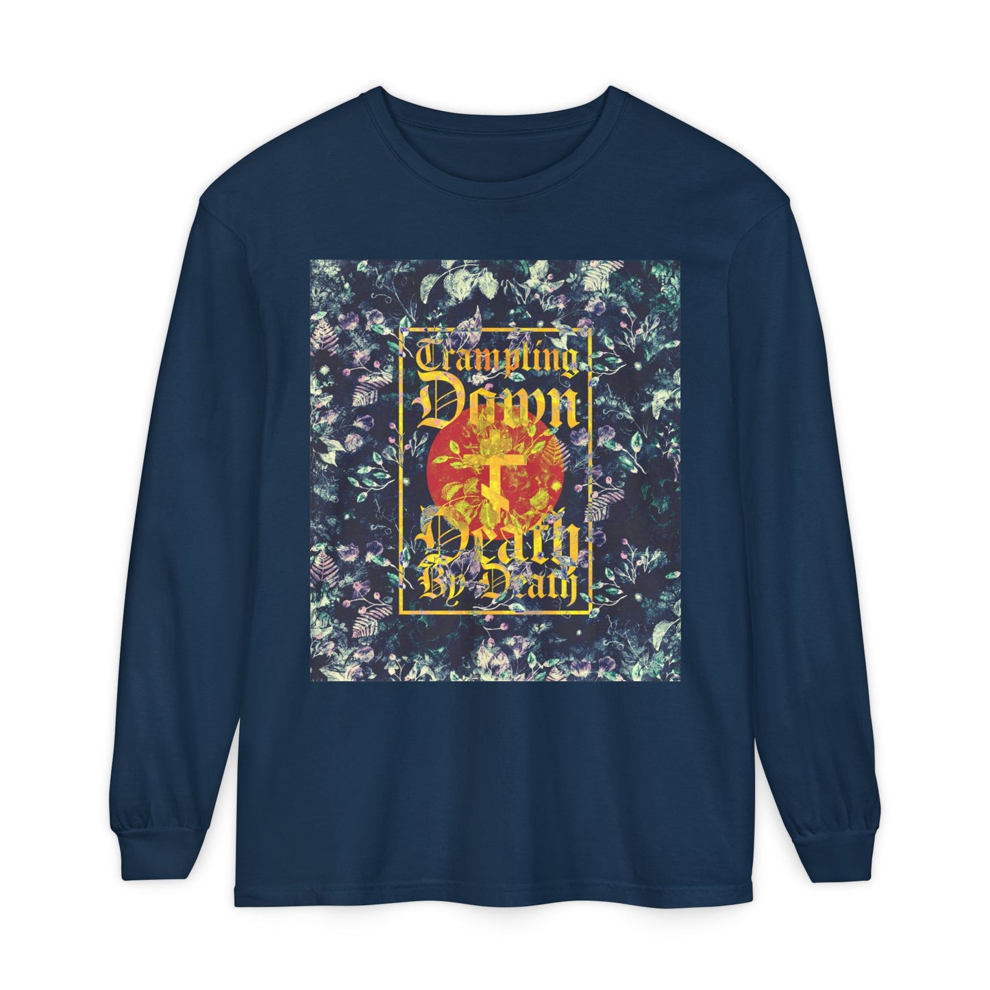 Trampling Down Death By Death | Paschal Floral Design with Gothic Script and Three-Bar Cross | Orthodox Christian Long Sleeve Shirt