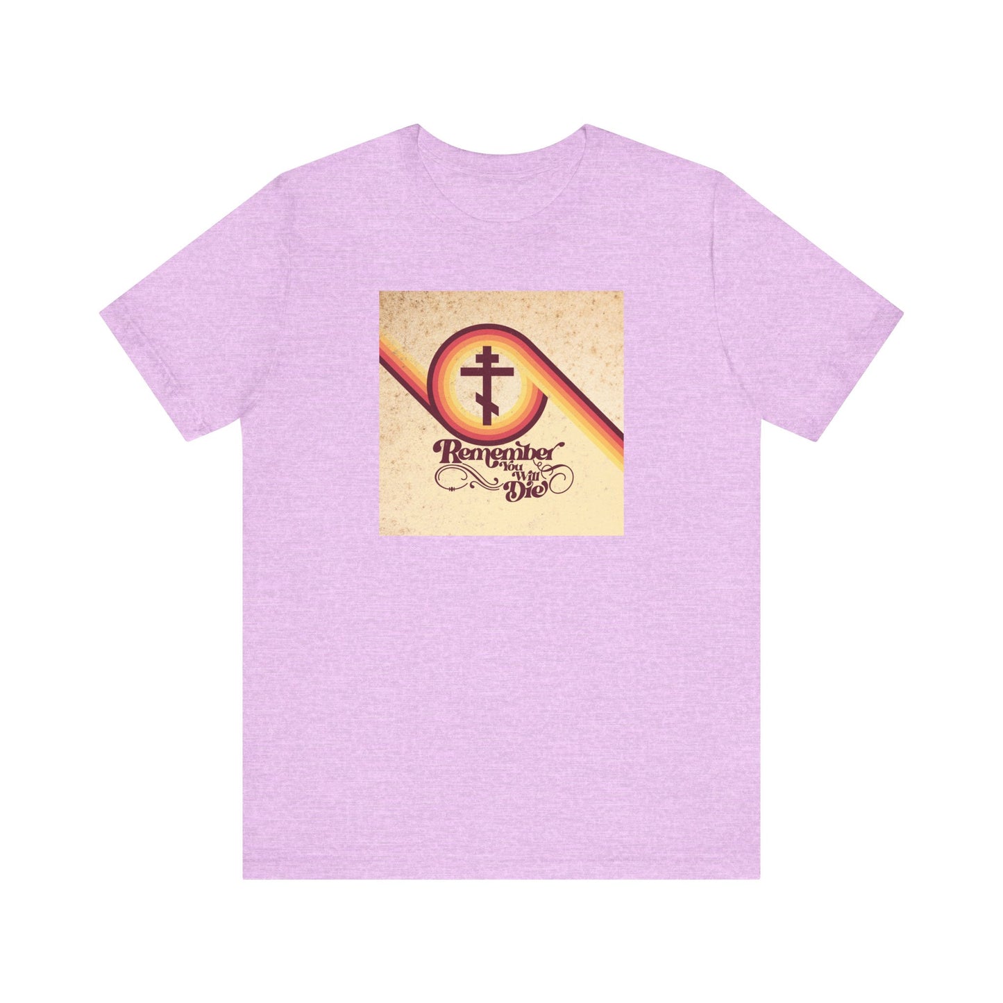 Heather Prism Lilac unisex tee with a 70s aesthetic design featuring a cross and the words "Remember You Will Die" (Memento Mori), inspired by Orthodox Christian themes, crafted from lightweight cotton.