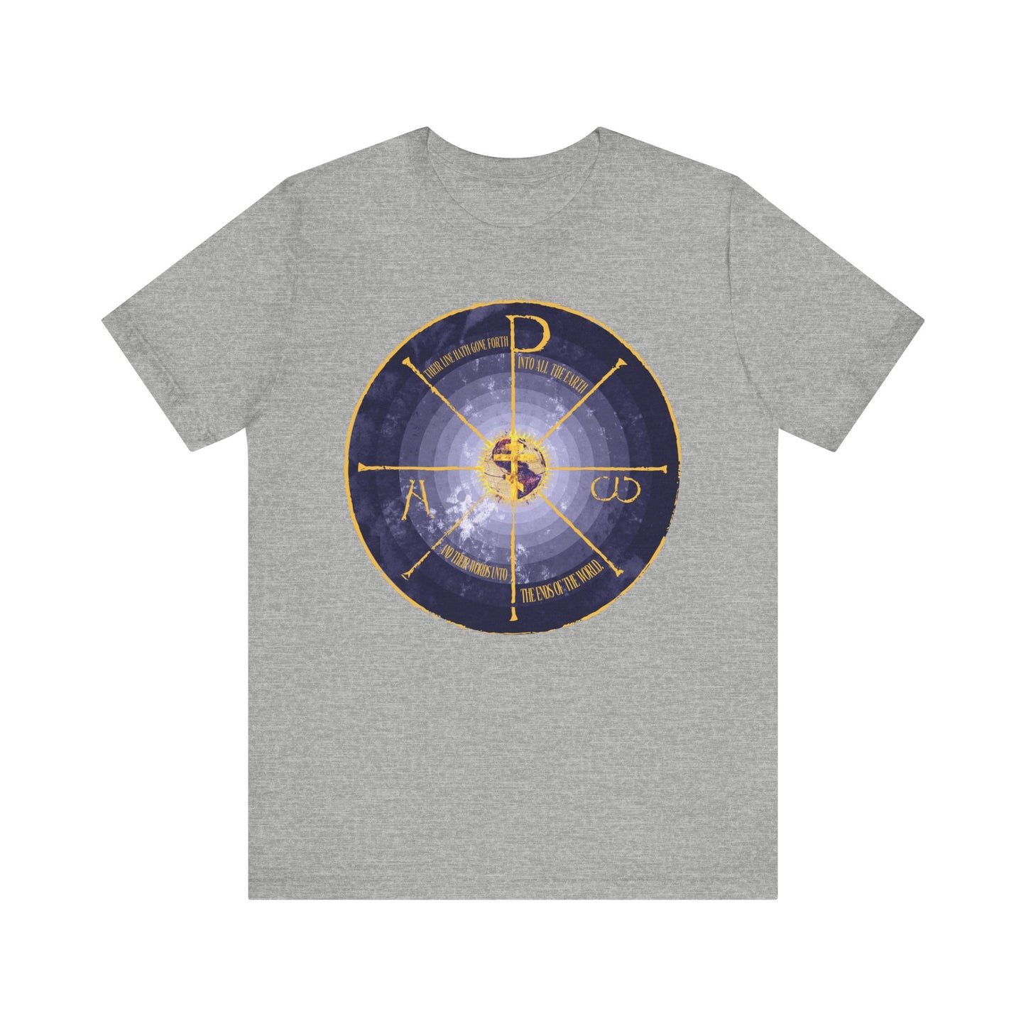 Athletic Heather tee with a medieval-style Geocentric Cross & Chi Rho, featuring gold Alpha and Omega Greek letters on a blue and yellow background. Lightweight cotton, unisex Orthodox Christian graphic.