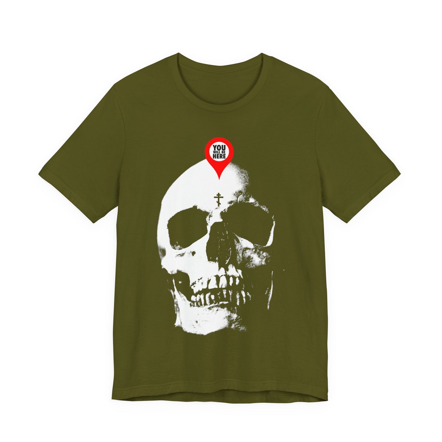 The "You Will Be Here Maps Marker on Skull" Orthodox Christian T-shirt displays a large white skull with a red location pin and "Remember You Will Die" memento mori message for a striking, thought-provoking look.
