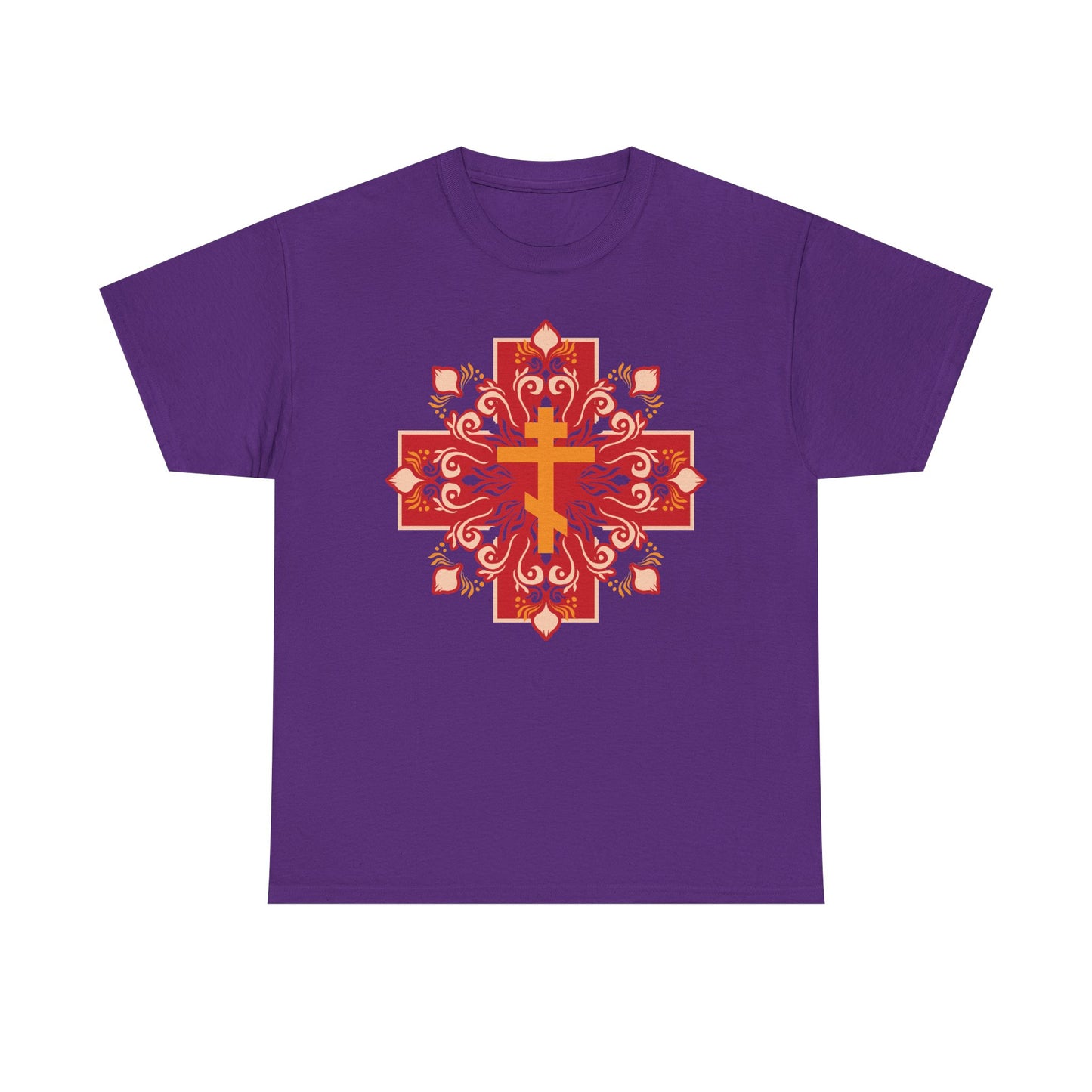 Purple heavy cotton t-shirt featuring an orange and red Orthodox cross with a festive design, inspired by 1 Peter 2:24: "By His Wounds You Have Been Healed.