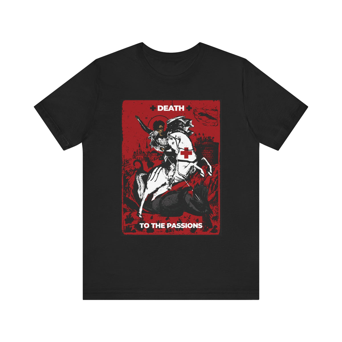 Black T-shirt featuring a striking red, white, and black graphic of St George slaying the dragon above the words “DEATH TO THE PASSIONS,” inspired by Unseen Warfare and Ascetic Orthodox Christianity—a powerful reminder to battle your passions.