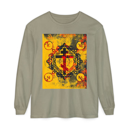 IC XC NIKA Orthodox Cross | Yellow & Red Modern & Medieval Textured Floral Design | Orthodox Christian Long Sleeve Shirt
