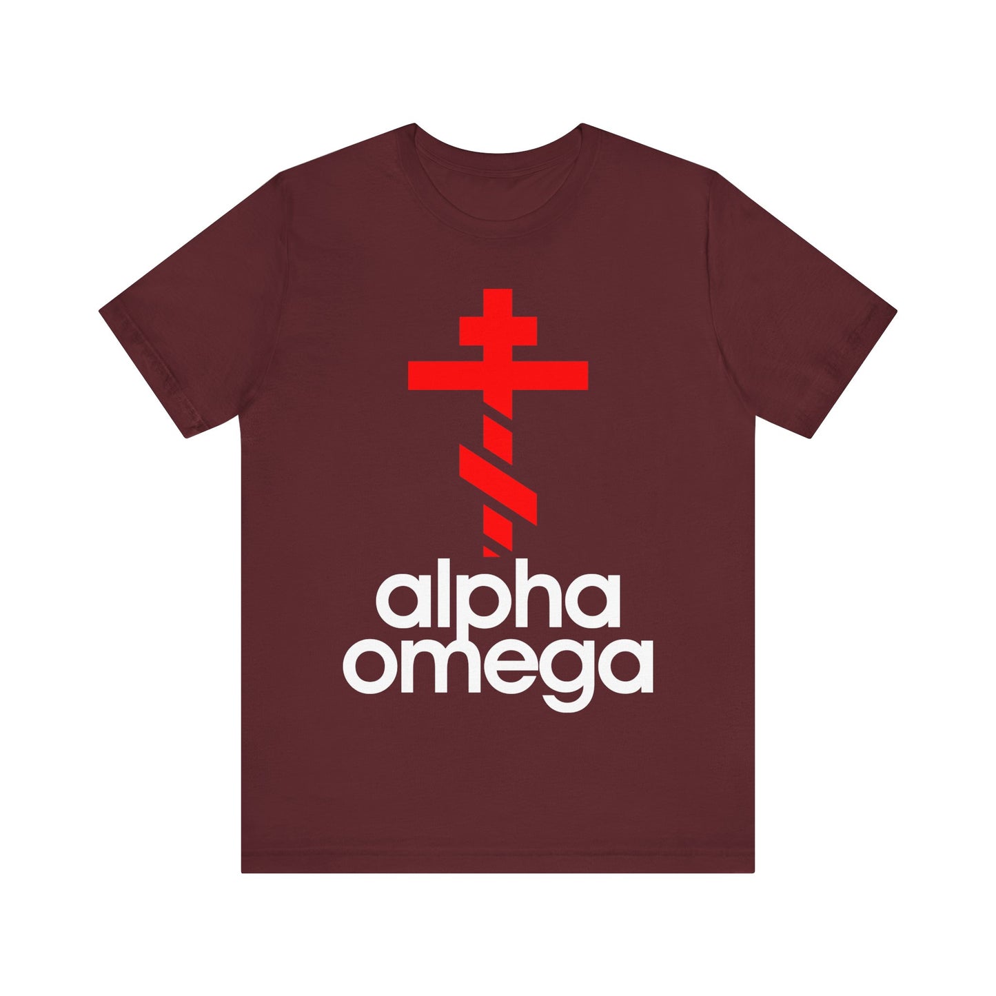Alpha & Omega Red Orthodox Cross (Large Design) | Minimalist Adidas Inspired Logo Mashup | Orthodox Lightweight Cotton Unisex Tee