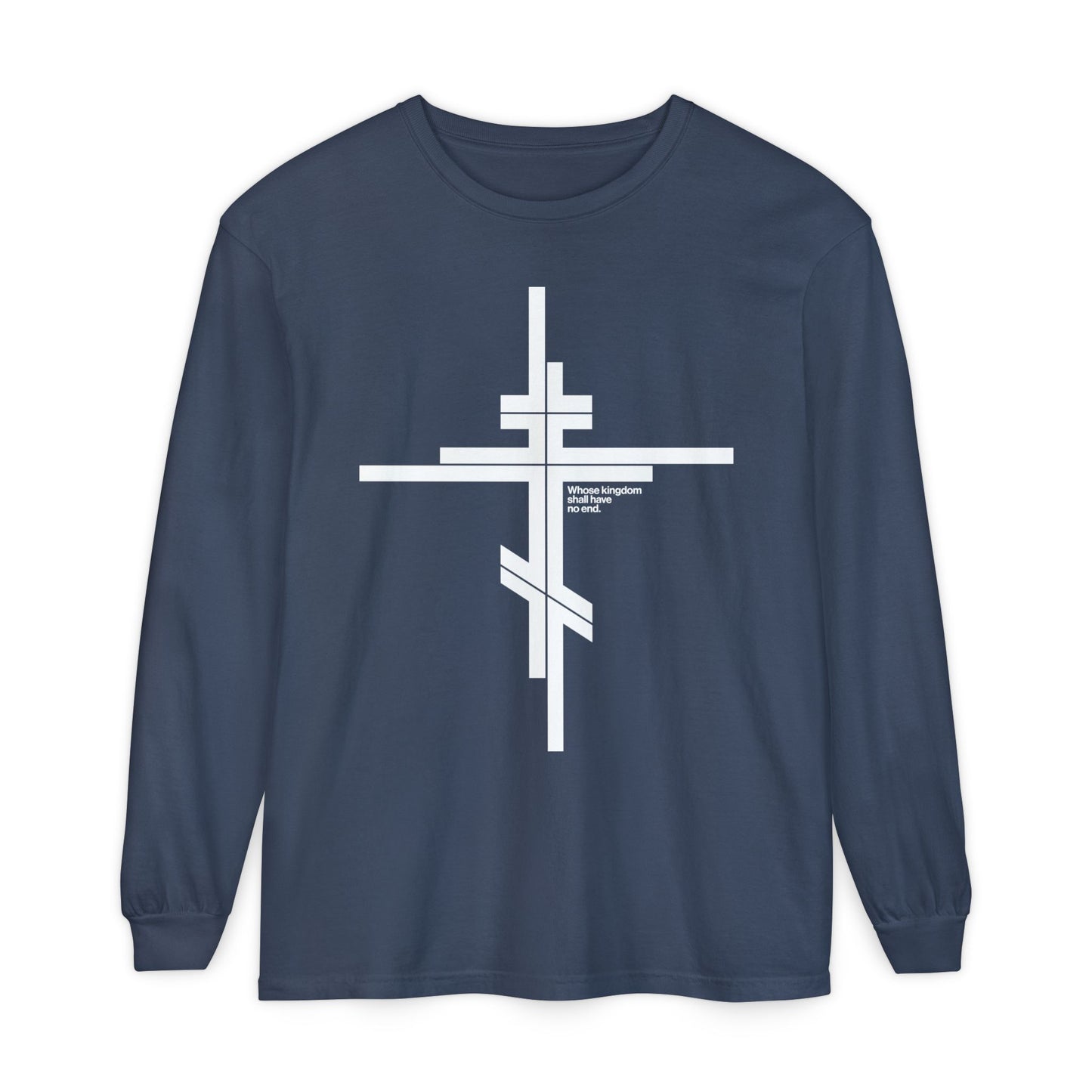 Whose Kingdom Shall Have No End | Luke 1:32-33 | Orthodox Cross | Modernist Minimalist Logo Style | Orthodox Long Sleeve Cotton Shirt