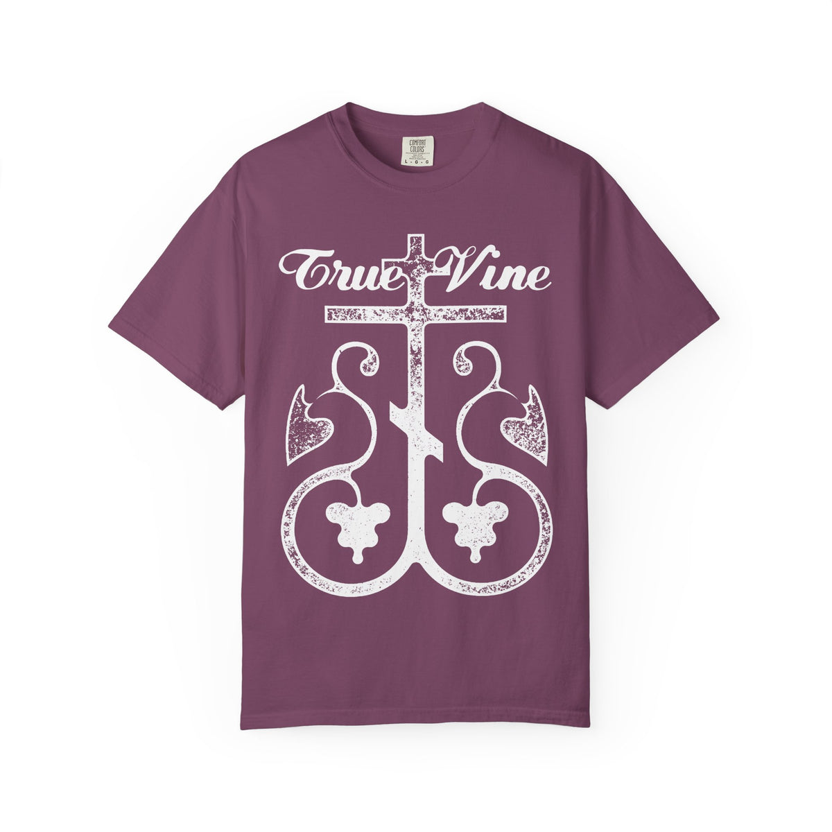Berry-colored “I Am the True Vine” heavyweight cotton unisex t-shirt featuring “True Vine” text above an Orthodox cross with grape vine graphic in a photocopy effect, inspired by John 15 and Ezekiel 15:1-5.