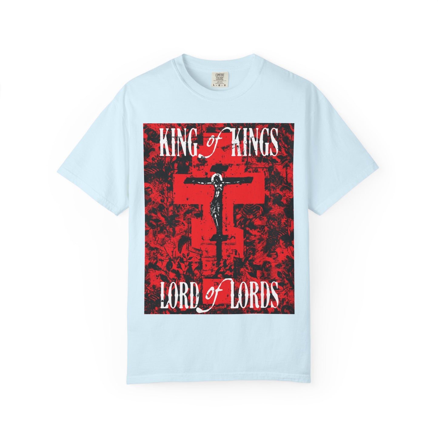 King of Kings, Lord of Lords | Christ Crucified Icono-Graphic | Red Cross Nature Texture w/ White Text | Heavyweight Cotton Unisex Tee