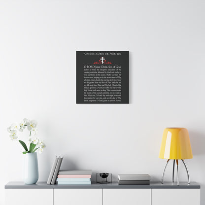 A minimalist room features the "Prayer Against the Antichrist By Elder Anatoly the Younger of Optina | Christ is King | Book of Revelation | Orthodox Christian Wall Art," a white shelf, books, an orchid, a cup, and a yellow lamp for a serene ambiance.