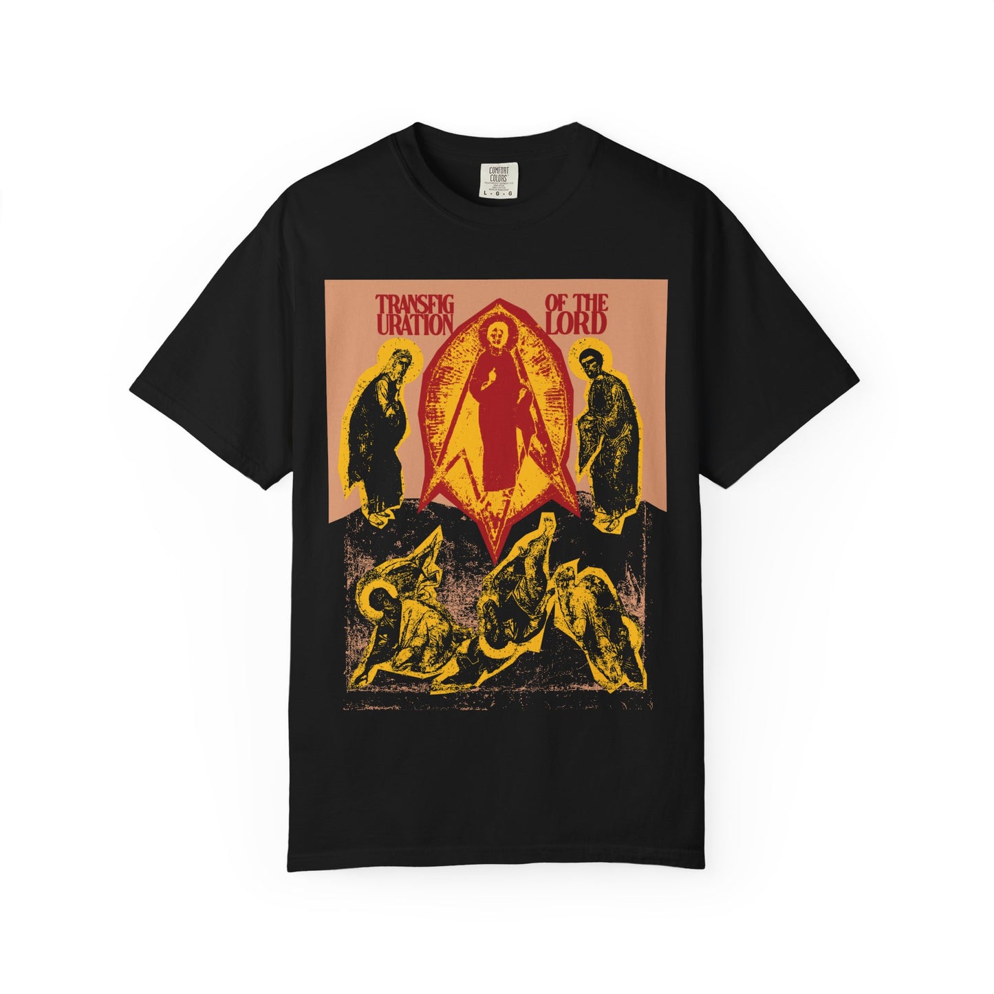 Black heavyweight cotton unisex tee featuring the "Transfiguration of the Lord Icono-Graphic" in a punk zine cut-out aesthetic, inspired by Orthodox Christian art and the Transfiguration of Jesus, with figures in yellow and red.