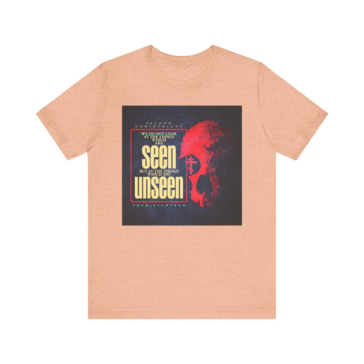 Heather peach unisex tee featuring a textured red skull and Orthodox cross graphic alongside bold yellow text: "Seen but still unseen"—a striking Christian design inspired by St. Paul’s message in 2 Corinthians about looking beyond what is seen to the eternal weight of glory. Product name: We Do Not Look At the Things Which Are Seen (St. Paul) | Red Skull & Orthodox Cross | Textured Design | Christian Lightweight Cotton Unisex Tee.