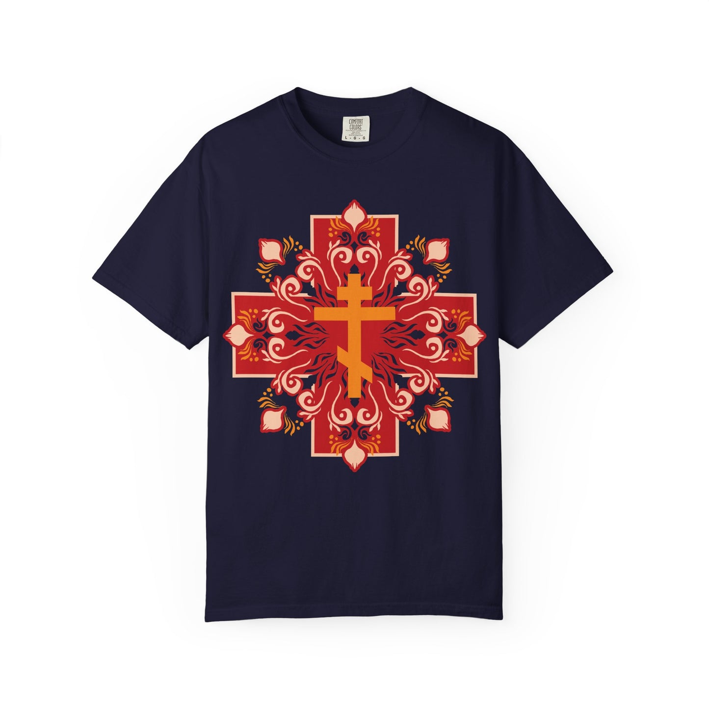 Orange & Red Orthodox Cross Colorful Festive Design | By His Wounds You Have Been Healed (1 Peter 2:24) | Orthodox Heavyweight Cotton Unisex Tee