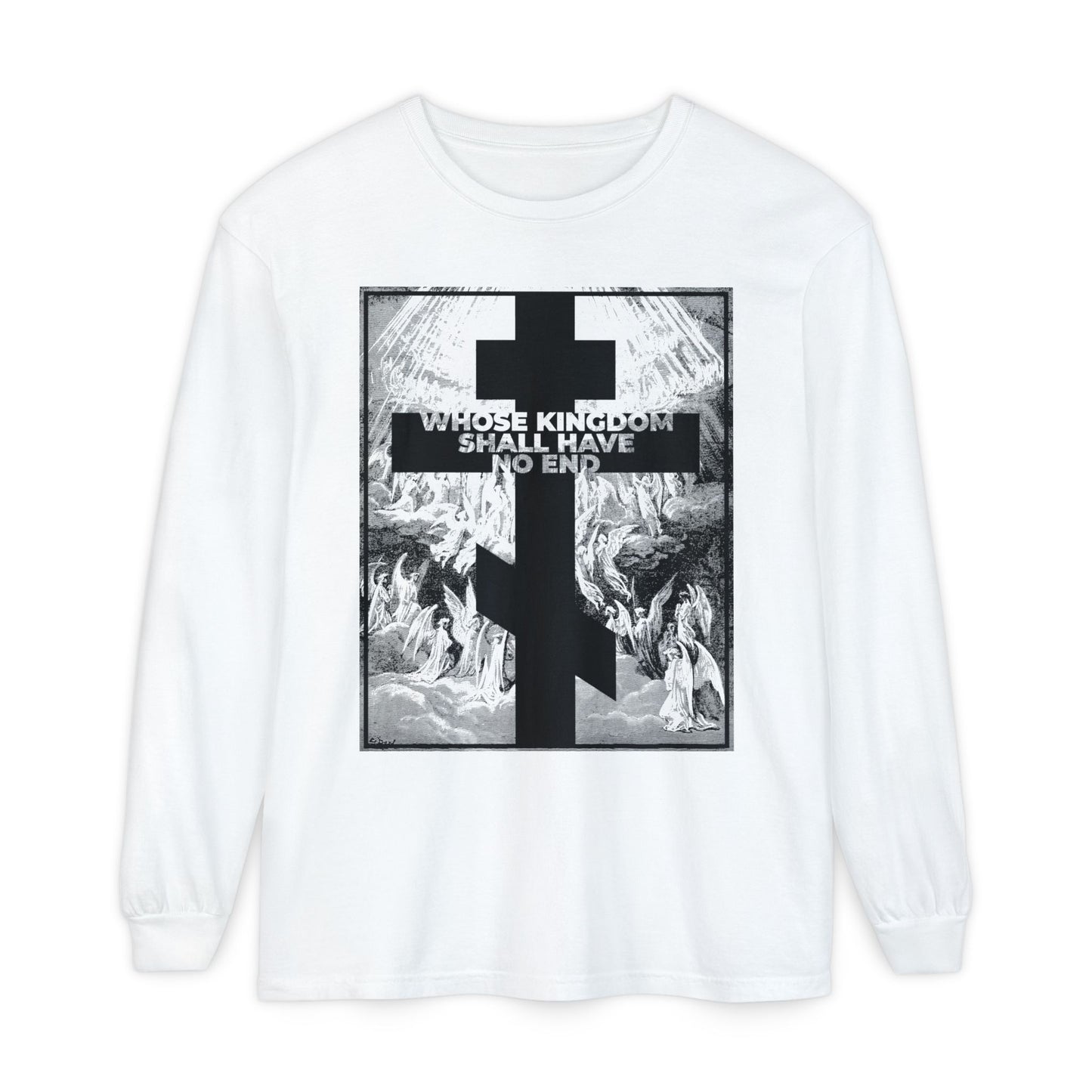 White long-sleeve featuring Gustave Dore’s biblical etching and “Whose Kingdom Shall Have No End” text, inspired by the Nicene Creed—celebrating enduring Orthodox Christian faith.