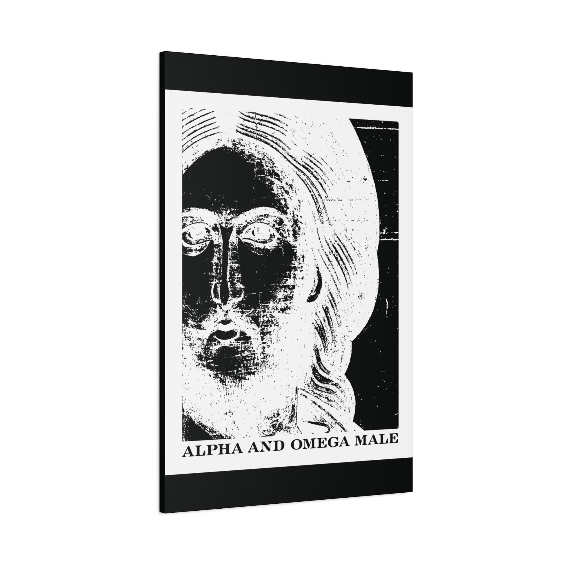 Black and white abstract art of Jesus Christ as "Alpha & Omega Male" with "I am the Beginning & the End (Rev 22)" at the bottom, Orthodox canvas wall art evoking a new heaven and Jerusalem.