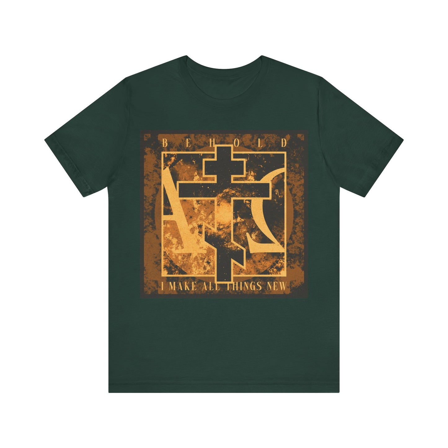 Forest green cotton t-shirt with brown and orange Orthodox cross, Alpha & Omega background, and "Behold, I Make All Things New" (Rev 21:5) graphic. Orthodox Christian inspired.