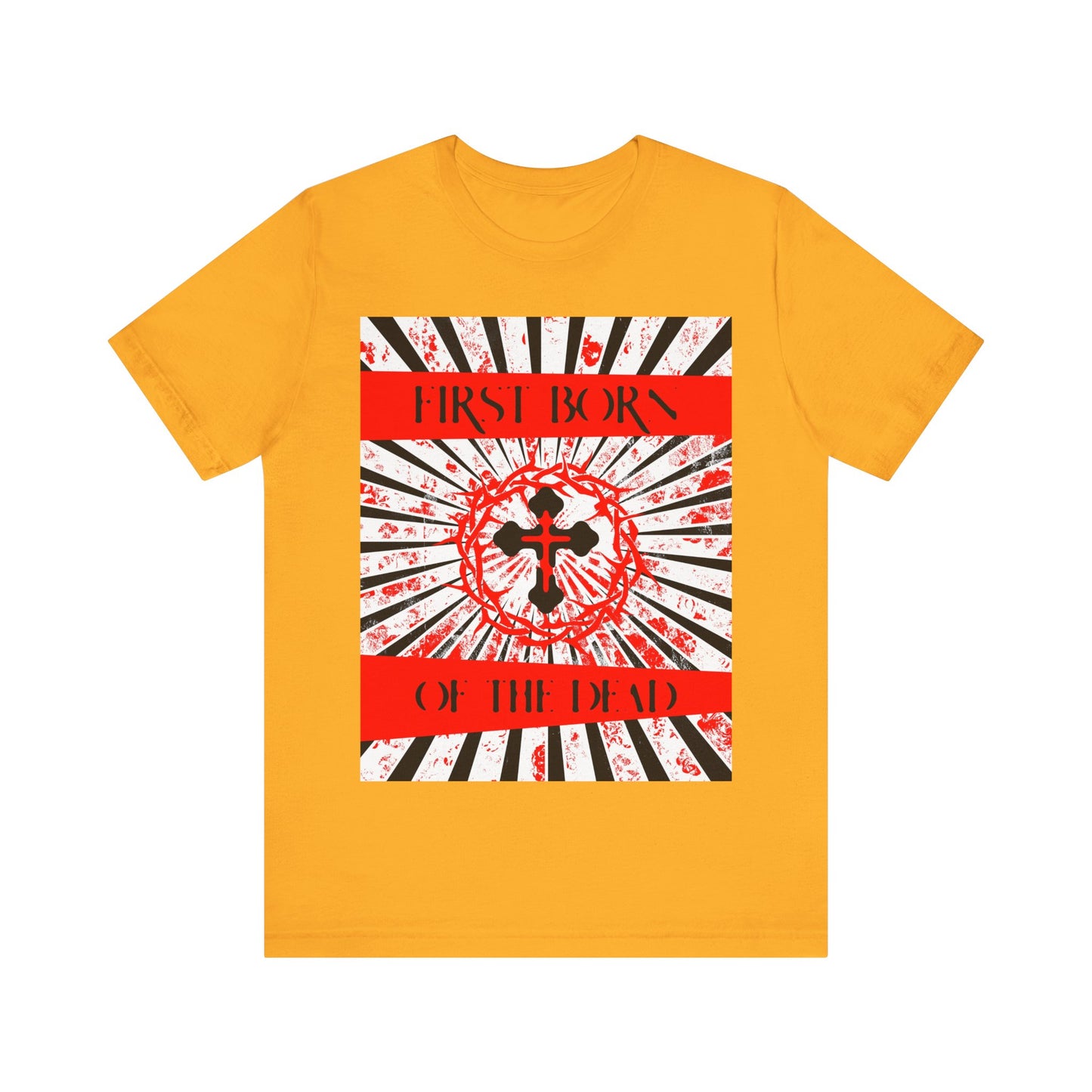 First Born of the Dead | Orthodox Cross and Crown of Thorns | Red White and Black Textured Design with Rays | Orthodox Christian Cotton T-Shirt