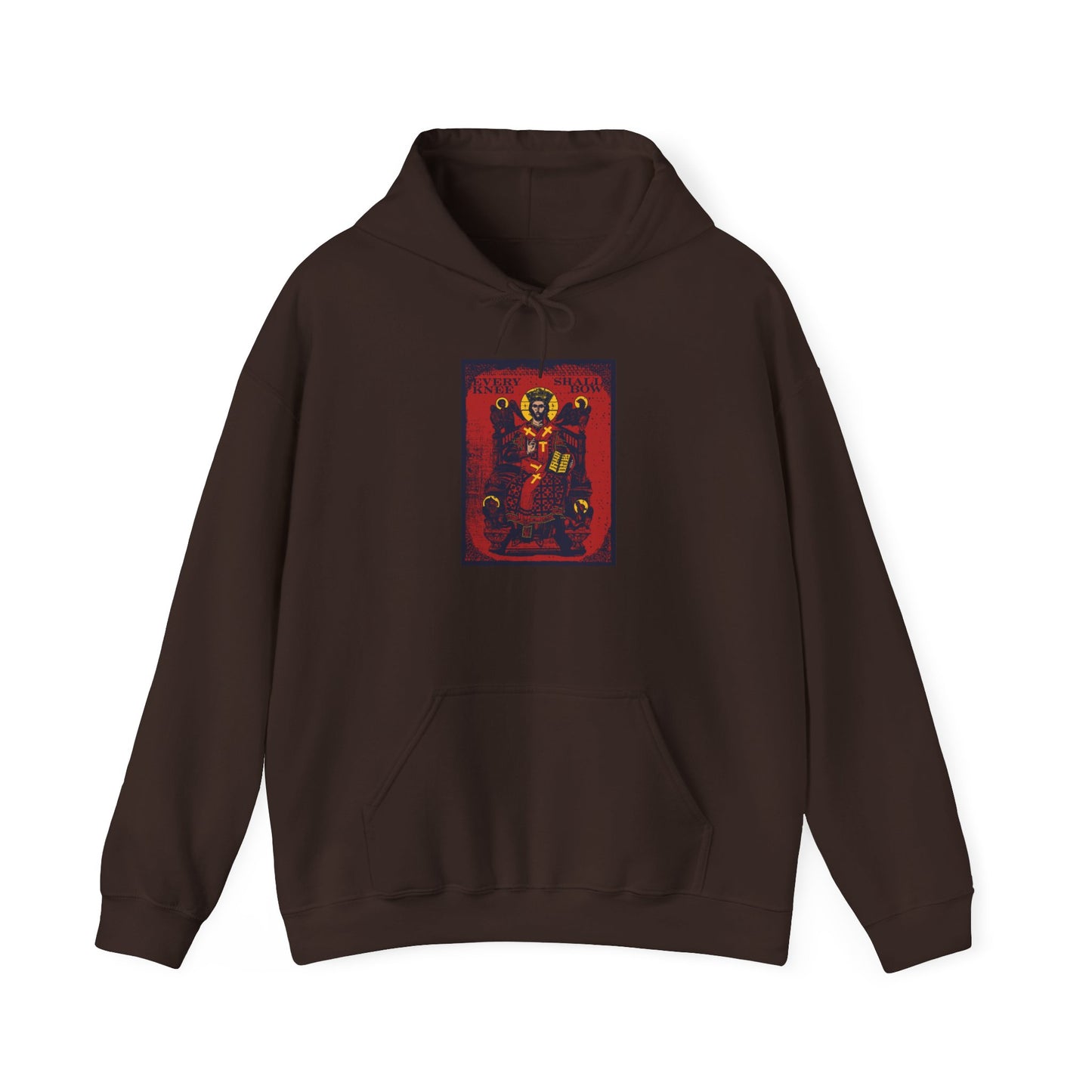 Dark chocolate Orthodox hoodie featuring the “Every Knee Shall Bow (Phil 2:8-11, Isaiah 45:23) | Christ Enthroned IconoGraphic” design with vibrant artwork of Christ surrounded by the four living creatures from Ezekiel’s Chariot, boldly declaring “every knee shall bow” on the front center.