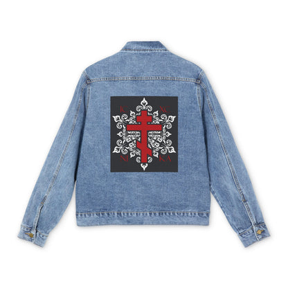 ICXC / NIKA Red Orthodox Cross on Ornate White Medieval Floral Design | Exclusive Best-Selling | Orthodox Christian Blue Denim Jacket