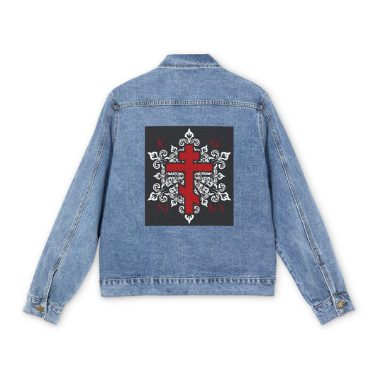 ICXC / NIKA Red Orthodox Cross on Ornate White Medieval Floral Design | Exclusive Best-Selling | Orthodox Christian Blue Denim Jacket