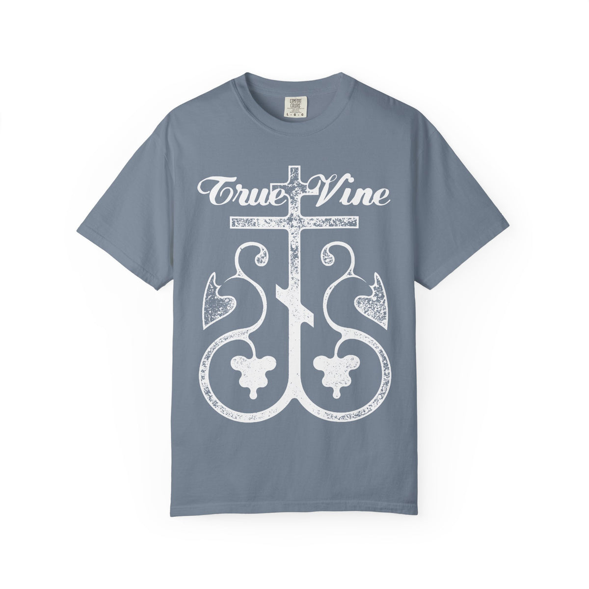 Blue Jean “I Am the True Vine” heavyweight cotton unisex T-shirt, featuring a large white Orthodox cross with a grape vine design and the phrase “True Vine” inspired by John 15 and Ezekiel 15, rendered in a photocopy effect.