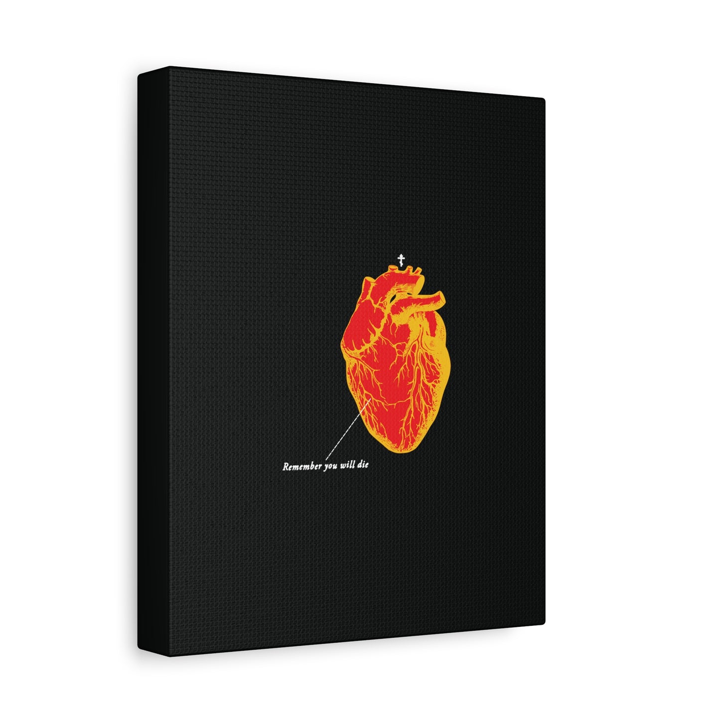 The “Remember You Will Die” Retro Medical Textbook Heart Design features an inverted red and orange anatomical heart with a cross and text, symbolizing memento mori on a striking black Orthodox Christian canvas wall art.