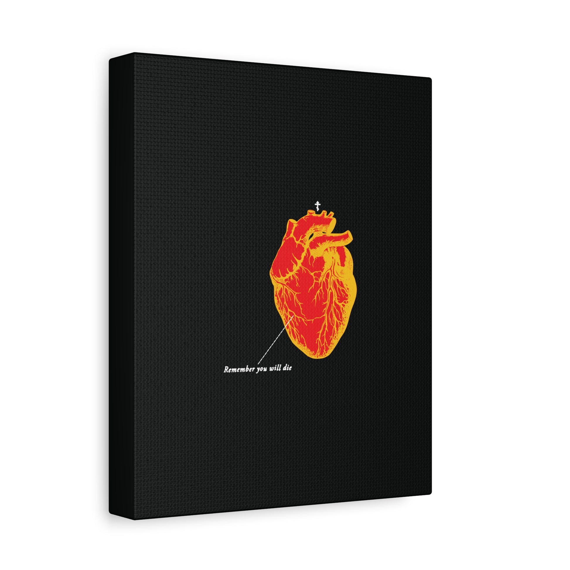 The “Remember You Will Die” Retro Medical Textbook Heart Design features an inverted red and orange anatomical heart with a cross and text, symbolizing memento mori on a striking black Orthodox Christian canvas wall art.