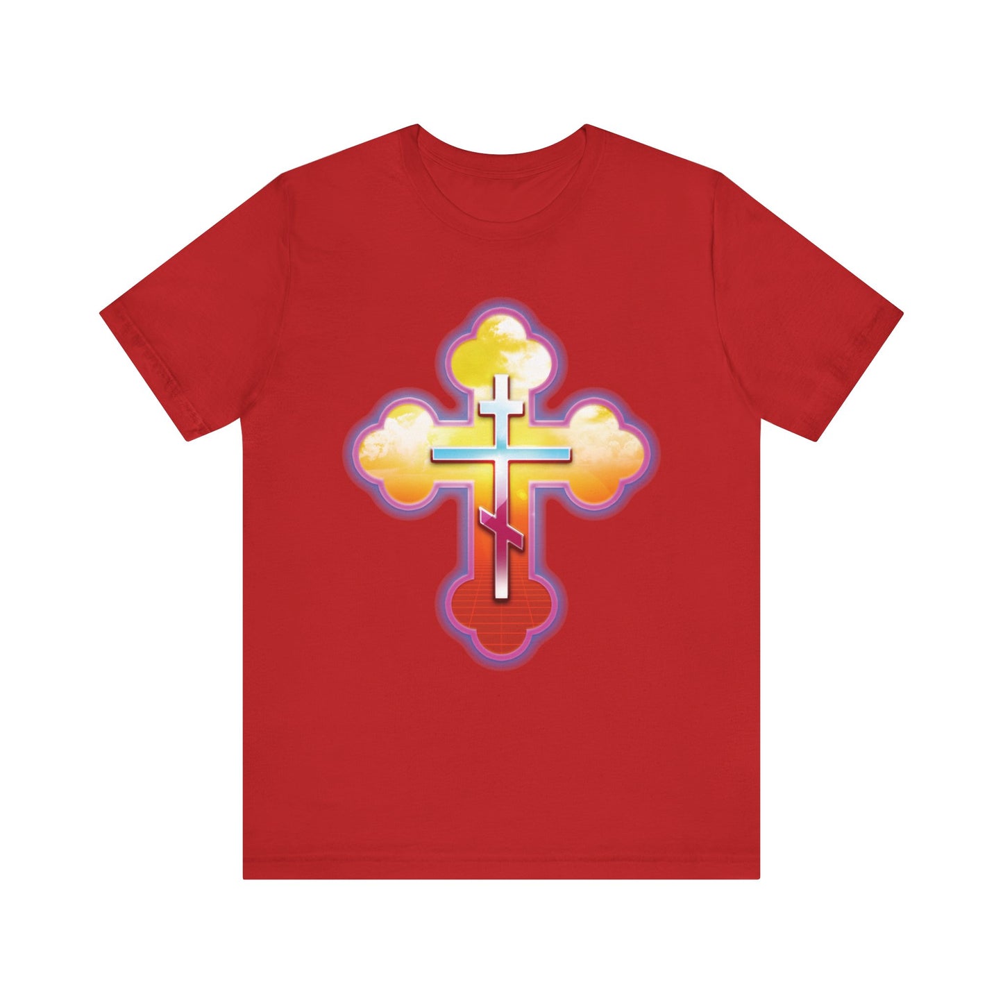 80s Synthwave Retrowave Outrun Aesthetic | Glowing & Reflective Gold & Red Three-Bar Cross | Lightweight Cotton Unisex Tee